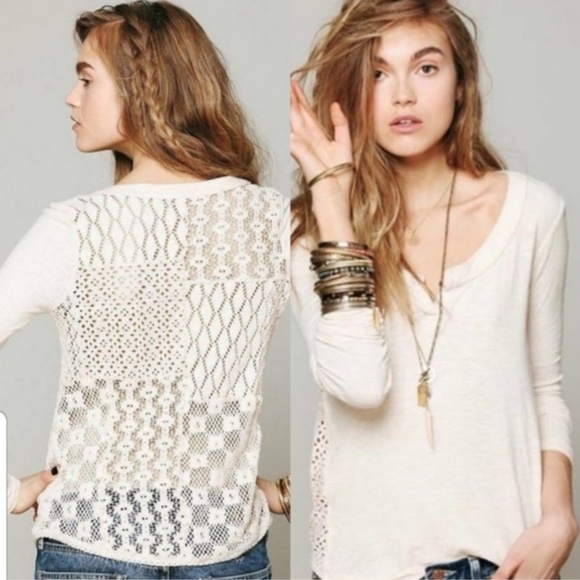 Free People Tops - Free People Patches of Lace Crochet Back Boho Henley Long Sleeve Top  XS